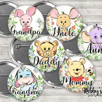 Classic Pooh Bear Baby Shower Pin Button: Personalized Character Badge