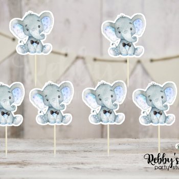 Boy Elephant Theme  - Set of 12 Blue Elephant with Tie Baby Shower Cupcake Toppers