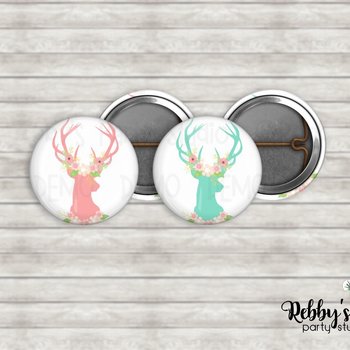 Floral Deer Antlers Mini Pin Buttons – Party Favor Packs (1 inch)