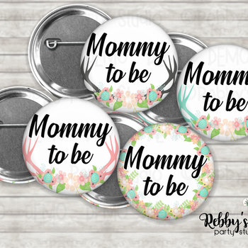 Baby Deer Antlers Baby Shower Pin Button: Personalized Floral Badge
