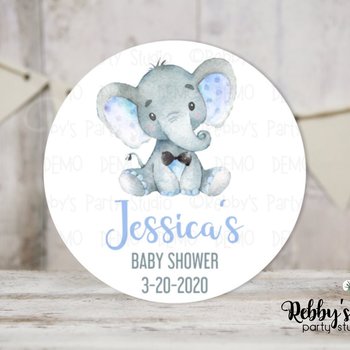 Baby Elephant Baby Shower Blue Personalized Round Sticker