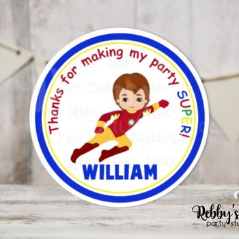 Super Hero Iron Boy Birthday Personalized Round Sticker