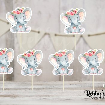 Floral Elephant Cupcake Toppers: Pink Peach Baby Shower Decor - Set of 12