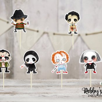 Cute Horror Movie Cupcake Toppers - Halloween Party Decorations (Set of 12)