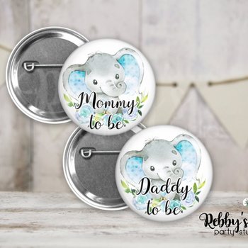 Elephant Baby Shower Pin: Blue Heart, Custom Family Name Badge