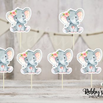 Girl Elephant Theme  - Set of 12 Pink Peach Flower Elephant Baby Shower Cupcake Toppers
