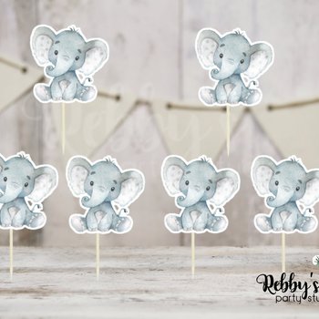 Elephant Theme - Set of 12 Gray Elephant Baby Shower Cupcake Toppers