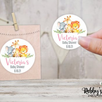 Jungle Safari Baby Shower Pink Personalized Round Sticker