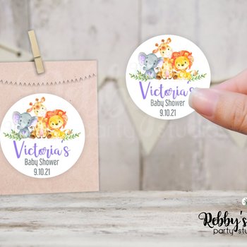 Jungle Safari Baby Shower Purple Personalized Round Sticker