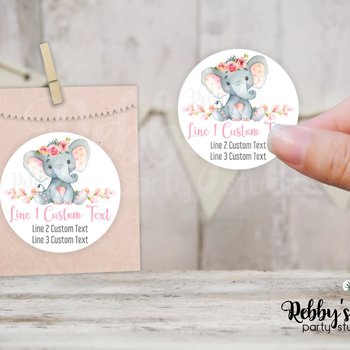 Floral Baby Elephant Pink Baby Shower Personalized Round Sticker