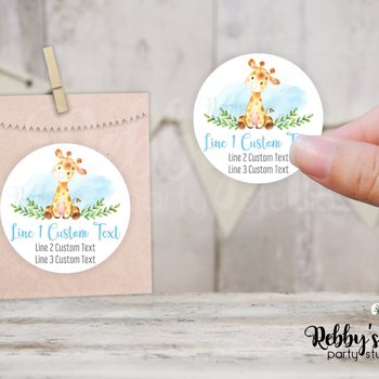 Giraffe Baby Shower Blue Personalized Round Sticker