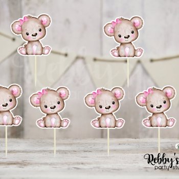 Girl Bear Baby Shower Cupcake Toppers - Pink & Brown - Set of 12