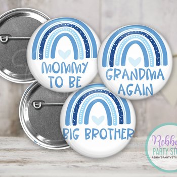 Blue Boho Rainbow Baby Shower Pin Button: Personalized Family Pinback