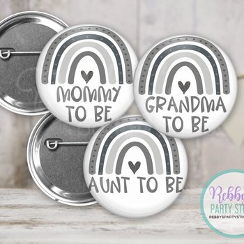 Grey Boho Rainbow Baby Shower Pin Button: Personalized Party Favor