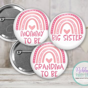 Pink Boho Rainbow Baby Shower Pin Button: Personalized Pinback Badge