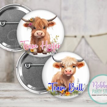 Highland Cow Gender Reveal Buttons: Team Heifer, Team Bull