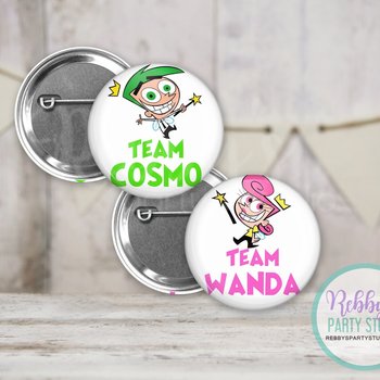 Fairly Godparents Gender Reveal Pin Buttons: Team Cosmo, Team Wanda