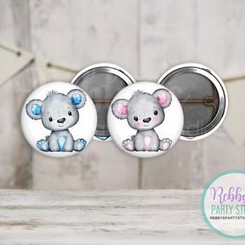Grey Teddy Bear Mini Pin Buttons – Pink or Blue Party Favor Packs (1 inch)
