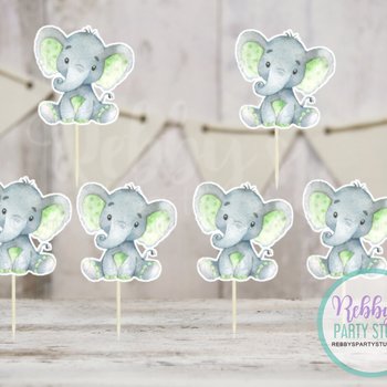 Elephant Theme - Set of 12 Green Elephant Baby Shower Cupcake Toppers