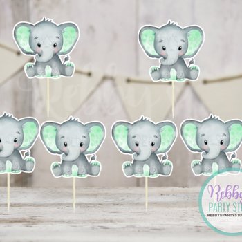 Boy Elephant Theme  - Set of 12 Green Elephant Baby Shower Cupcake Toppers