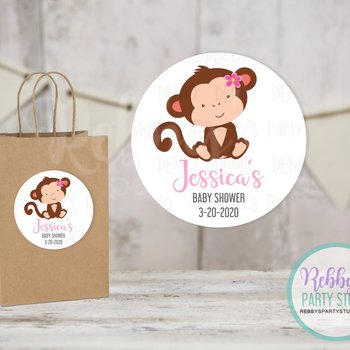 Monkey Girl Baby Shower Personalized Round Sticker