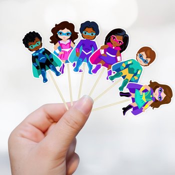 Set of 12 Superhero Cupcake Toppers, Multicultural Super Kids Party Decor